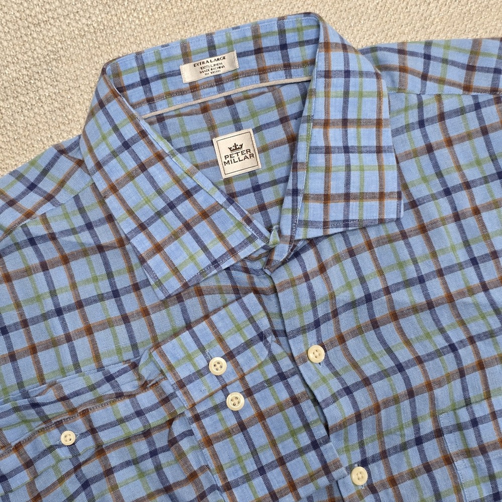 Peter Millar Shirt Men's Size XL Blue Plaid 100% Linen‎ Button Up Long Sleeve